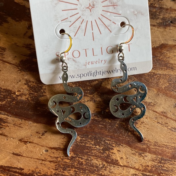 Witchy Silver Snake Moon Phase Earrings - Picture 3 of 4